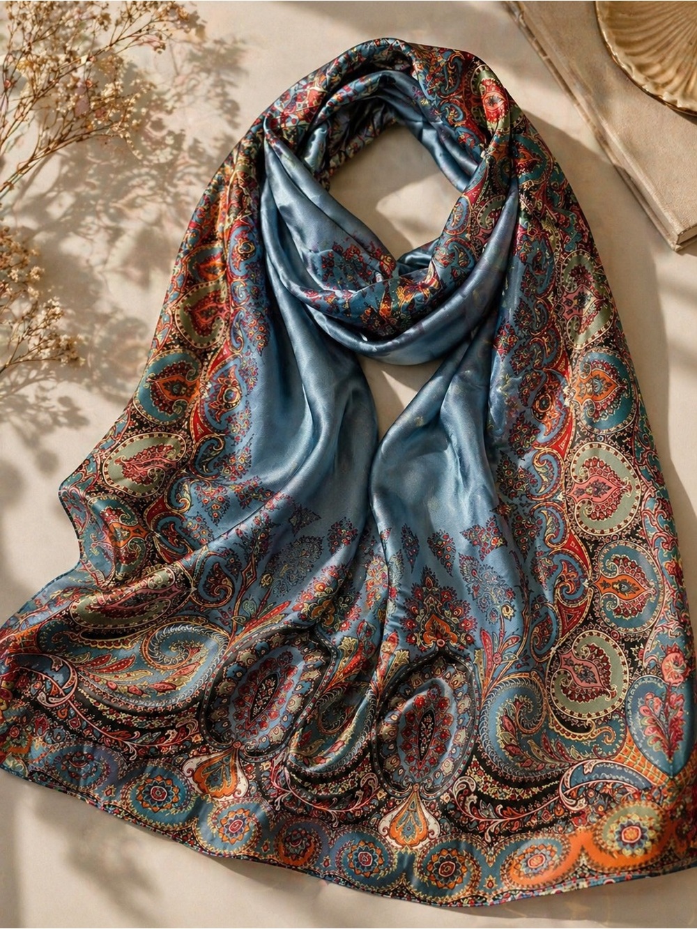 Silk-Feel Paisley Scarf in Sky Blue